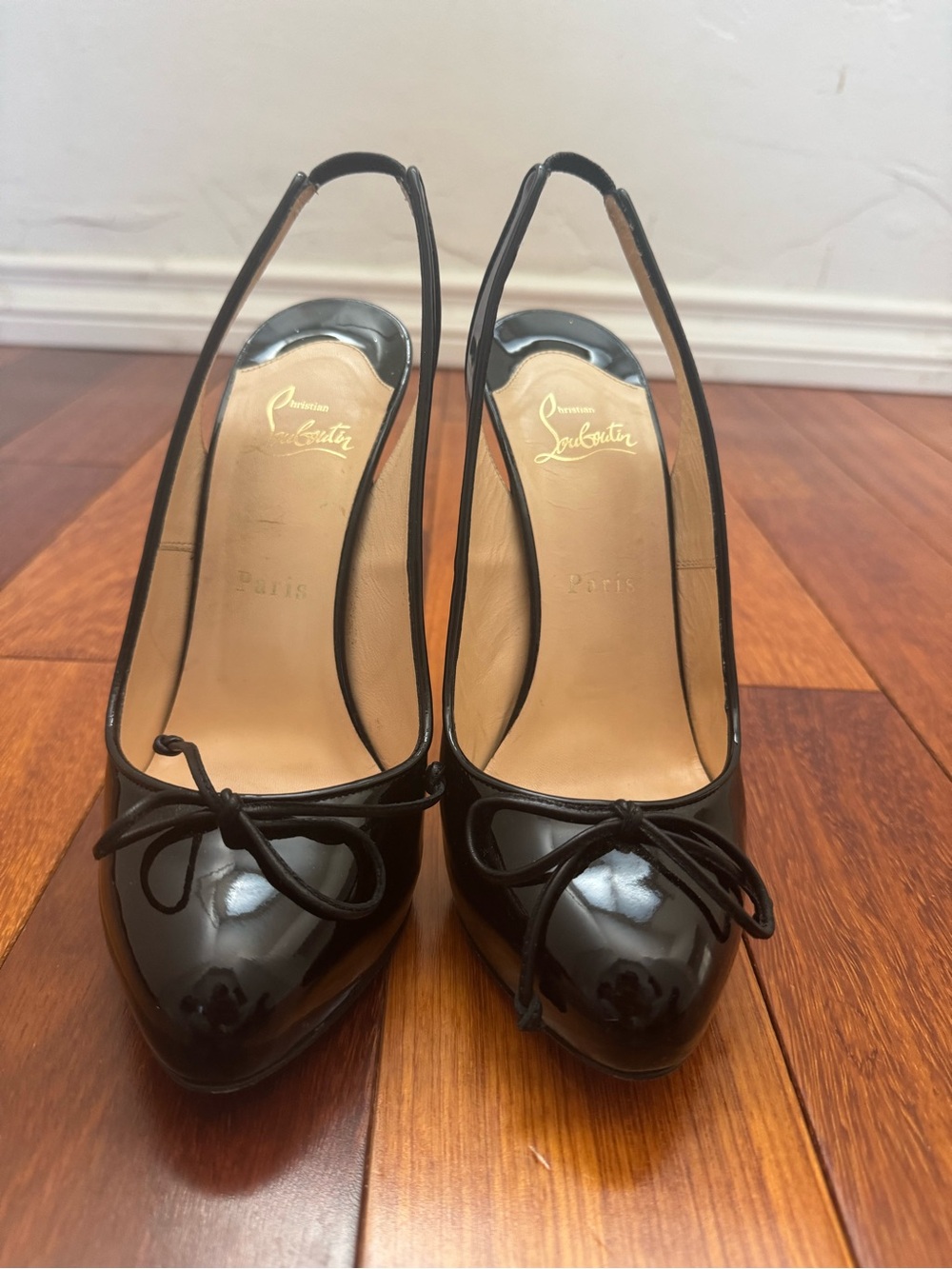 Christian Louboutin Black Patent Baller Slingback Bow Pumps